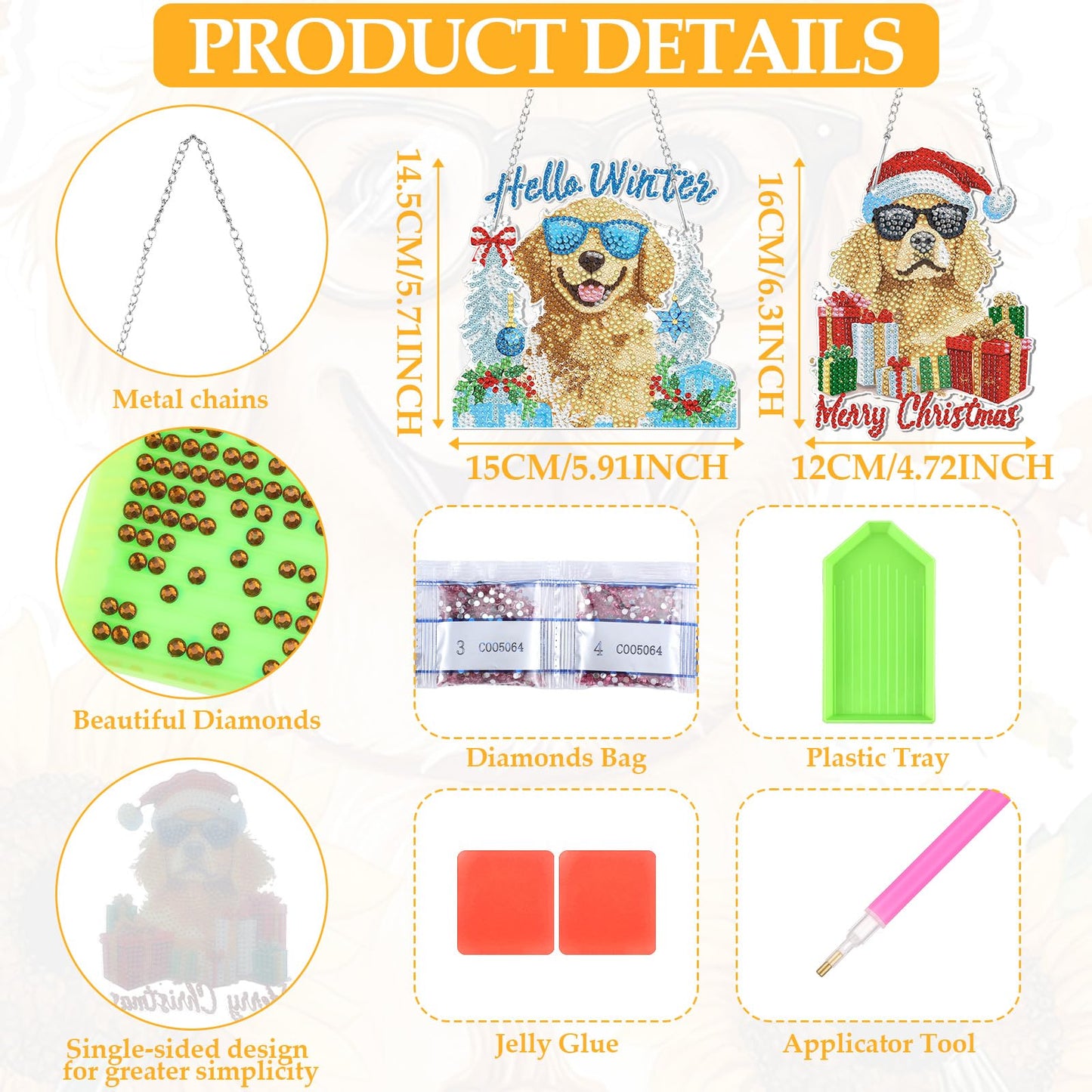 Cinnvoice 12 Pcs Seasonal Diamond Art Wreath Kits Holiday 5d DIY Diamond Painting Signs Germ Hanging Art Ornaments for Wall Door Decorations (Dog)