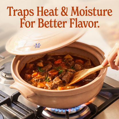 Magnifique 5 Quart Flami Pot with Lid, Natural Clay Pot for Cooking, Non-Toxic PFAS-Free Ceramic Casserole Dish for Oven & Stovetop, Dutch Oven Style for Slow Cooking, Baking & Serving, Brown Sugar