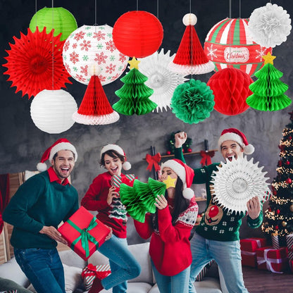 Gilprop 17 Pcs Christmas Party Hanging Decorations Xmas Paper Lanterns Paper Winter Hanging Fans Christmas Honeycombs Paper Flower Balls for Xmas Holiday Party Yard Indoor Outdoor Home Decor Supplies