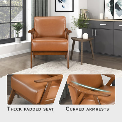 Lexicon Mid Century Modern Accent Chair with Solid Wood Frame in Walnut Finish, Faux Leather Living Room Lounge Arm Chair, Thick and Comfy Innerspring Seat Cushion, Brown