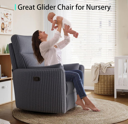 LINSY 360 Swivel Recliner Chair, Nursery Glider Rocking Chair with 2 Pillows, Corduroy Nursing Chair Comfy High Back Adult Rocker Recliner for Small Spaces, Nursery Bedroom Living Room (Gray)