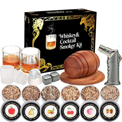 Whiskey Smoker Kit with Torch - 6 Flavors Wood Chips, 2 Metal Ice Cubes, 2 Glasses - Cocktail Smoker Infuser Kit, Old Fashioned Drink Smoker Kit, Birthday Whiskey Bourbon Gifts for Men,Dad(NO Butane)
