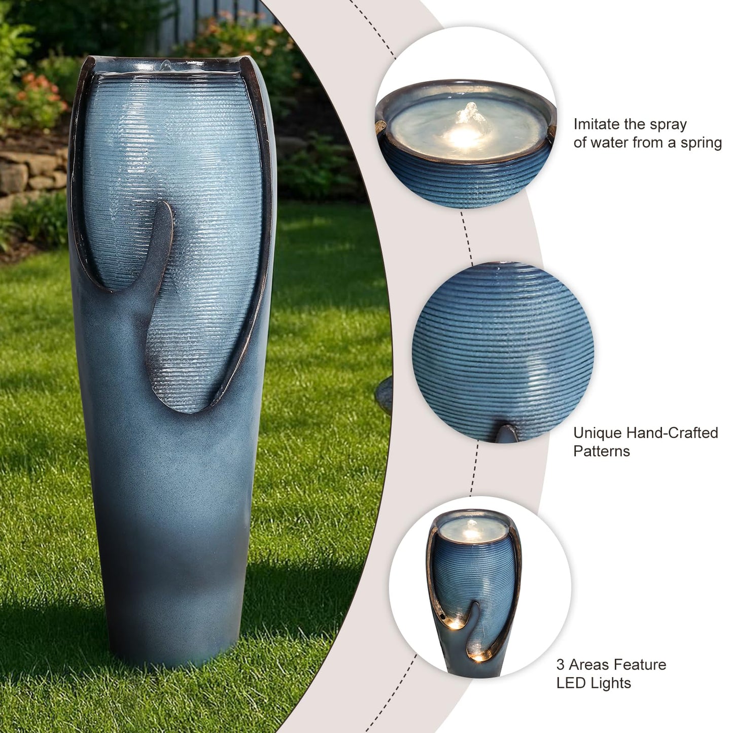 Naturefalls 38.7” H Modern Outdoor Fountain - 4-Tiered Outdoor Garden Fountains with Contemporary Design&LED Light for Garden, Patio, Deck, Porch, Backyard and Home Art Decor