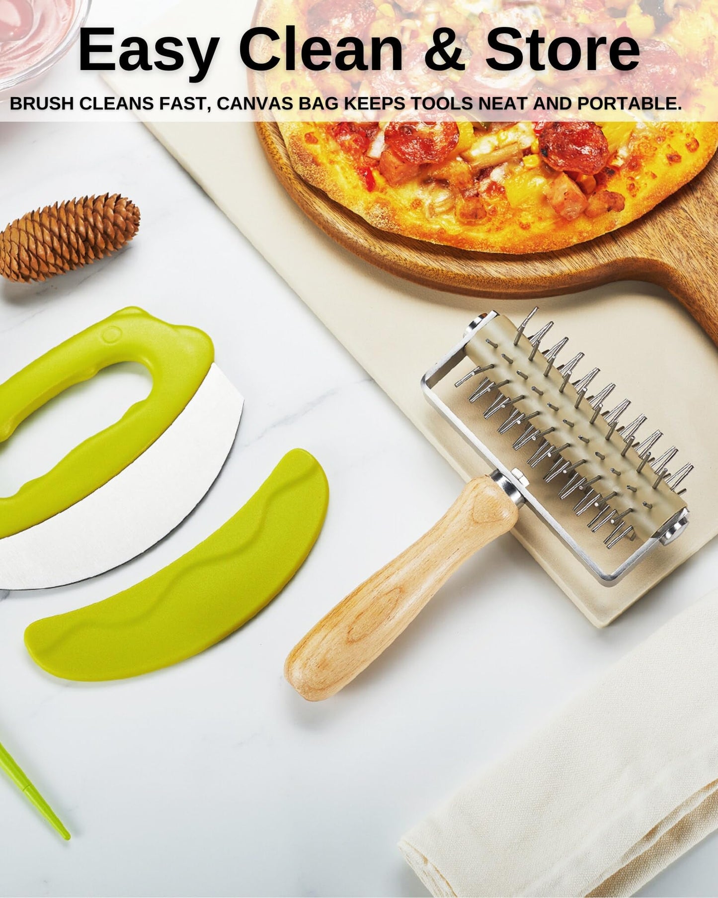 MUMSUNG Pizza Dough Docker Roller with Stainless Steel Spikes and Pizza Cutter with Protective Cover, Includes Cleaning Brush and Canvas Bag, Perfect for Homemade Pizza, Pie, and Pastry