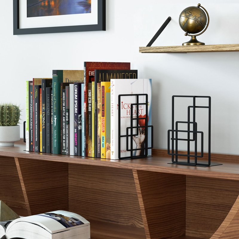 SRIWATANA Book Ends Heavy Duty, Decorative Black Bookends for Shelves, Window Lattice Design