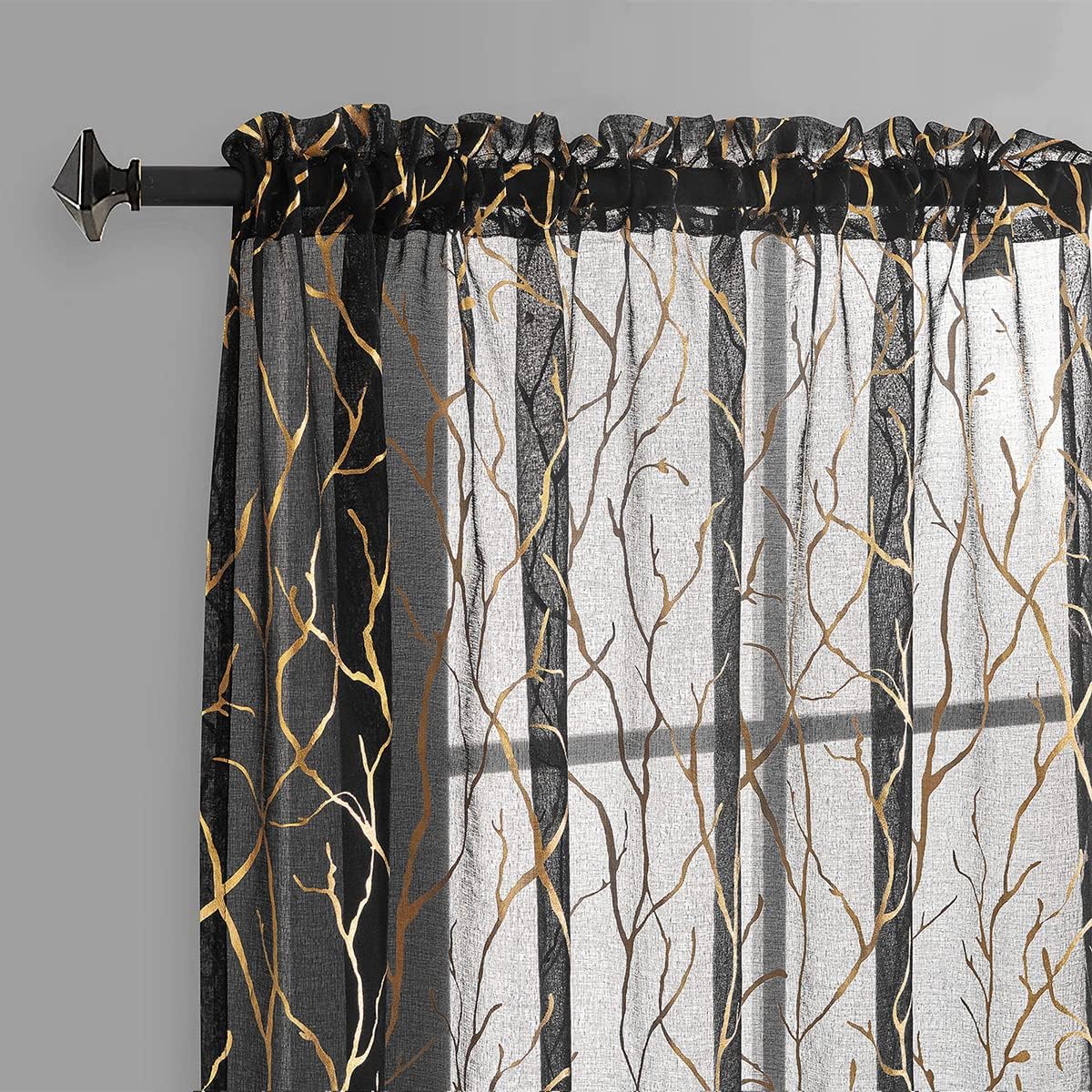 FINECITY Black Gold Sheer Curtains, Metallic Gold Foil Tree Branch, 63 Inch Length, Set of 2