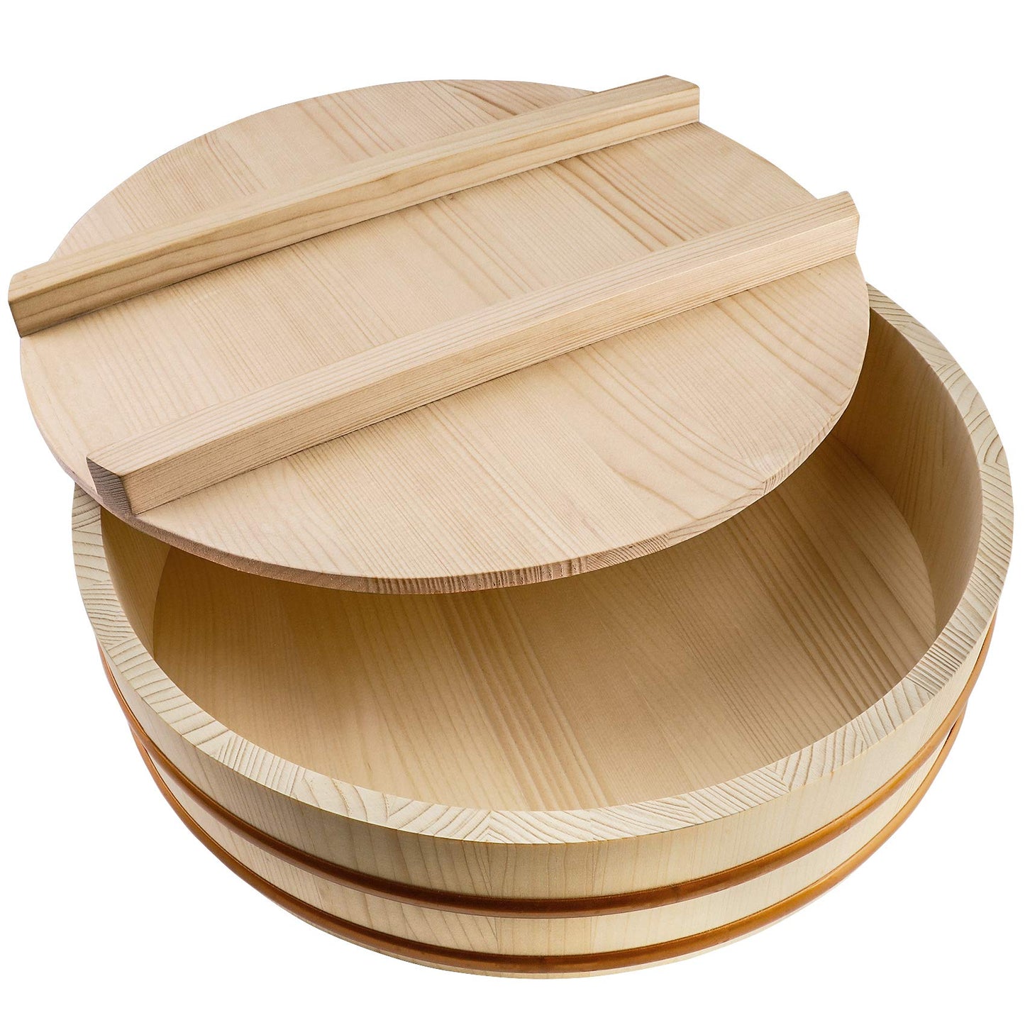 Kichgather Wooden Sushi Rice Bowl with Lid Hangiri Sushi Oke Sushi Rice Mixing Tub (13 “ with lid)