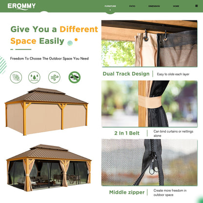 EROMMY 12'x22' Gazebo, Wooden Finish Coated Aluminum Frame Pergola with Double Galvanized Steel Hardtop Roof, Outdoor Permanent Metal Pavilion with Curtains and Nettings for Patio, Backyard and Deck