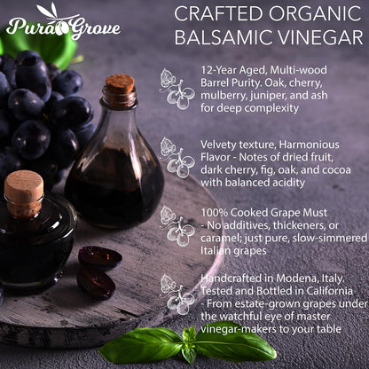 Pura Grove Organic Balsamic Vinegar From Modena Italy - Slow Aged Premium Eternity Gold Grade - Handpicked & Crafted In Small Batches - 16.9 Oz Opaque Glass Bottle