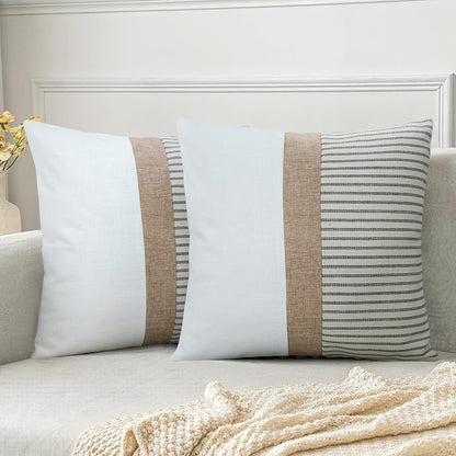 18x18, Set 2, JASEN Farmhouse Pillow Covers Modern Accent Square Throw Pillow Covers of Grey and Beige Striped