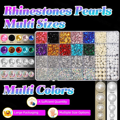 14000Pcs Colorful Flatback Rhinestones and Pearls for Bedazzling Kit, 2-6mm Resin Gems Bedazzling Rhinestone, 4-10mm Flatback Pearls Gems Rhinestones for Crafting DIY Face Makeup