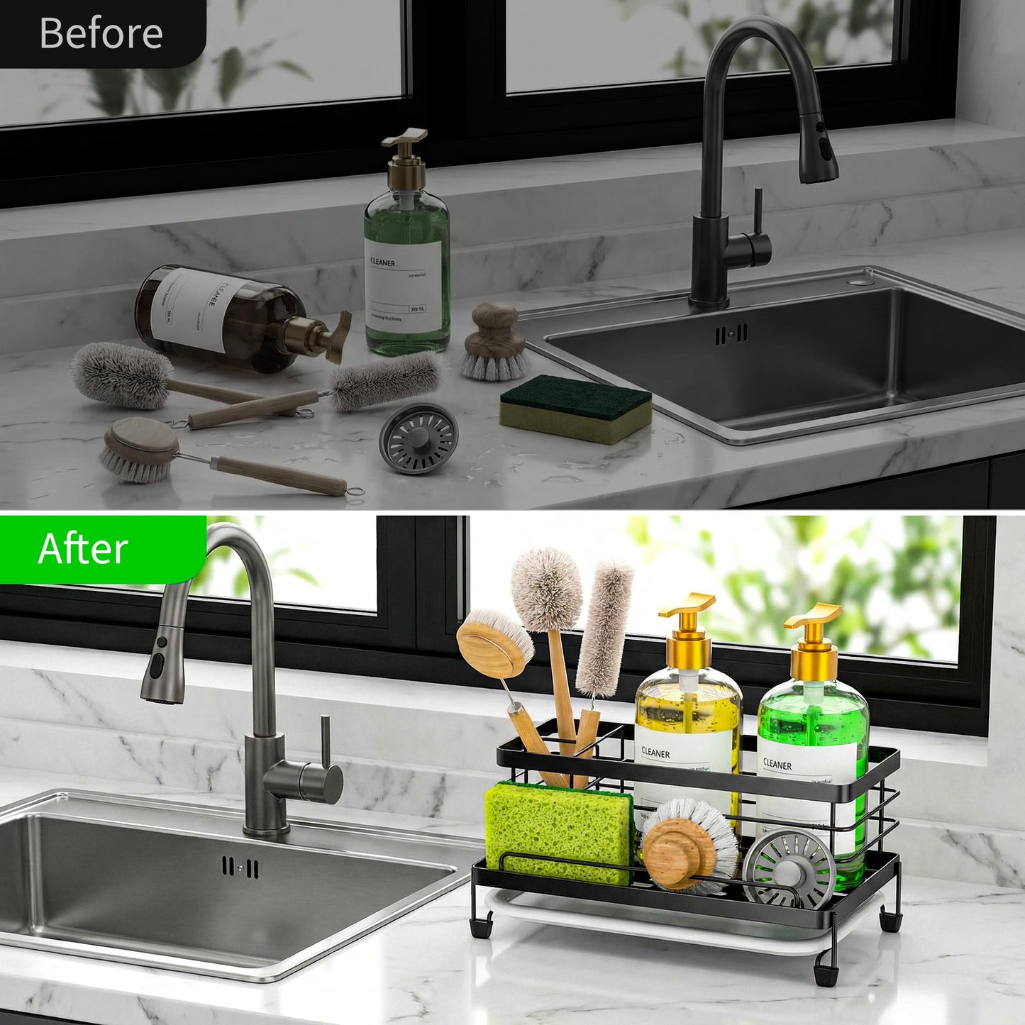 Cisily Black Sponge Holder for Kitchen, Sink Caddy Sink Organizer Rack for Kitchen Accessories with Drip Tray, Rustproof and Non-slip, Soap Dispenser Countertop Organizer Essentials for New Home