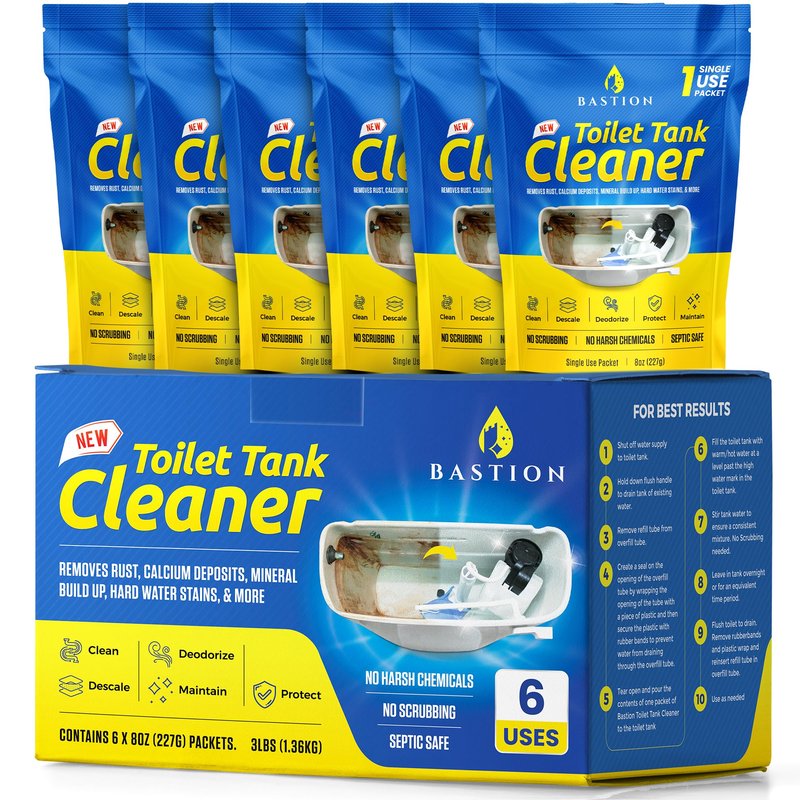 Bastion Toilet Tank Cleaner - 6-Uses. (*Not For Toilet Bowl*) Removes Rust, Mineral Deposits, Hard Water Stains, & Calcium Build Up. Contains 6 X 8oz Single Use Packets