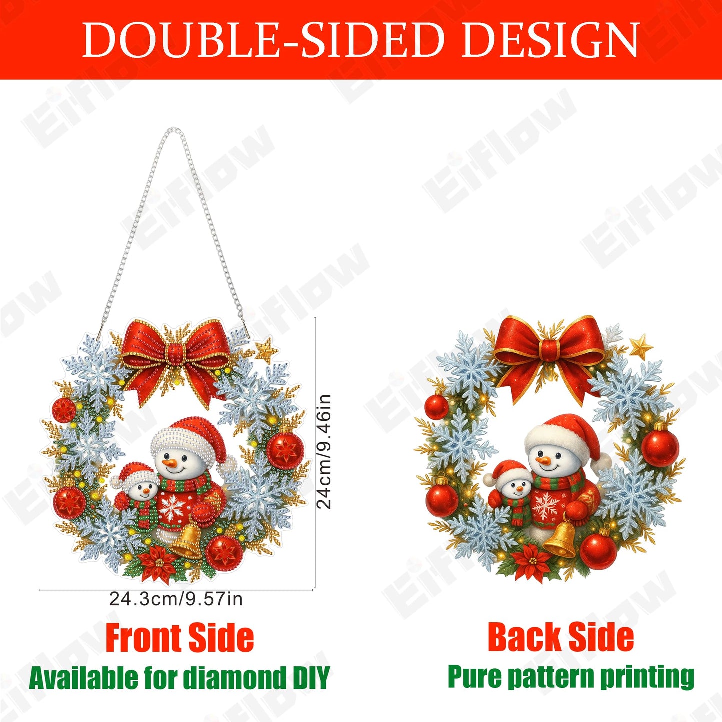 Eiflow Christmas Diamond Art Hanging Kit for Adults, DIY Diamonds Painting Door Hanger Board Kit, Special Crystal Diamond Art Painting Pendant Ornament (Wreath Snowman)