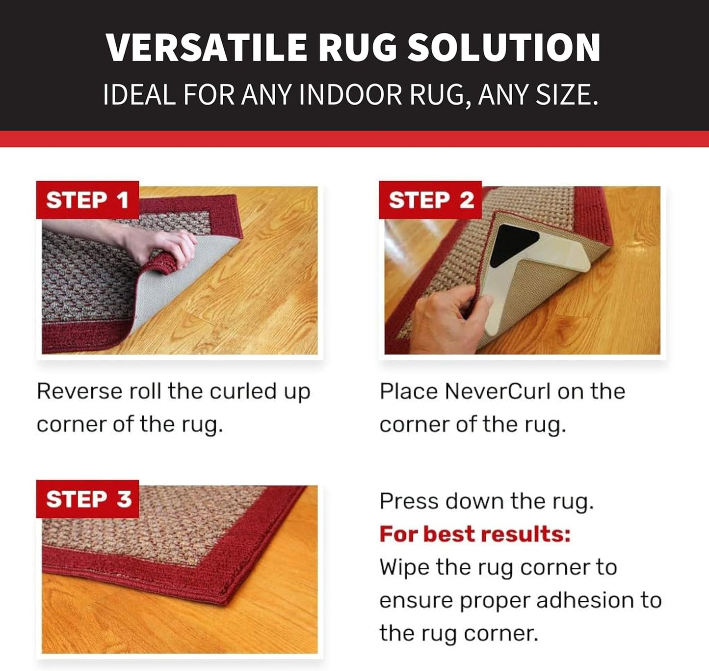 StepNGrip Rug Corner Grippers 4-Pack, Reusable Carpet Grip Pads to Hold Rugs in Place, 6.5 x 6.5 Inches