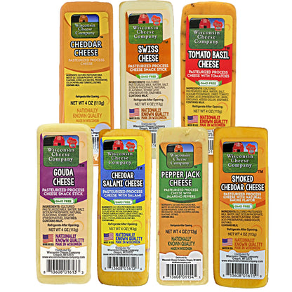 Wisconsin Cheese Company - Specialty 100% Wisconsin Cheese Block Assortment Sampler - (Pack of 7 Blocks) Cheddar, Pepper Jack, Swiss, Gouda, Salami, Smoked Cheddar & Tomato Basil | Locally Sourced | Perfect for Parties, Charcuterie Boards and Birthday Gif