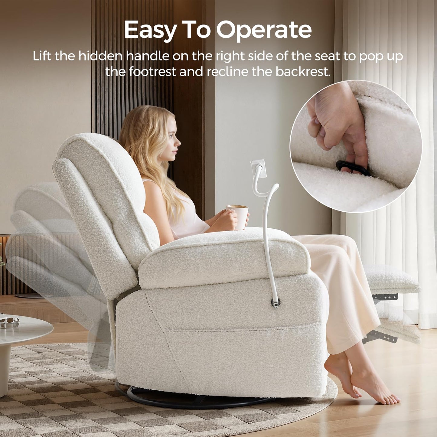 YuuYee Teddy Fleece 360° Swivel Rocker Recliner Nursery Rocking Chairs with Phone Holder Manual Gilder Recliner Chair with Wide Foot Rest for Living Room and Baby Room
