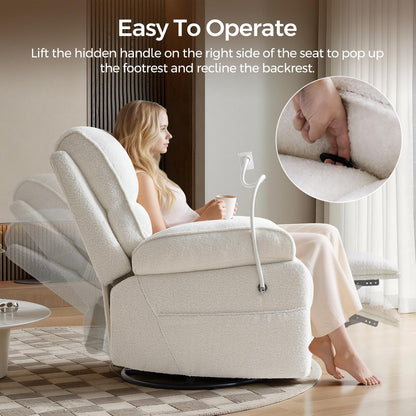 YuuYee Teddy Fleece 360° Swivel Rocker Recliner Nursery Rocking Chairs with Phone Holder Manual Gilder Recliner Chair with Wide Foot Rest for Living Room and Baby Room
