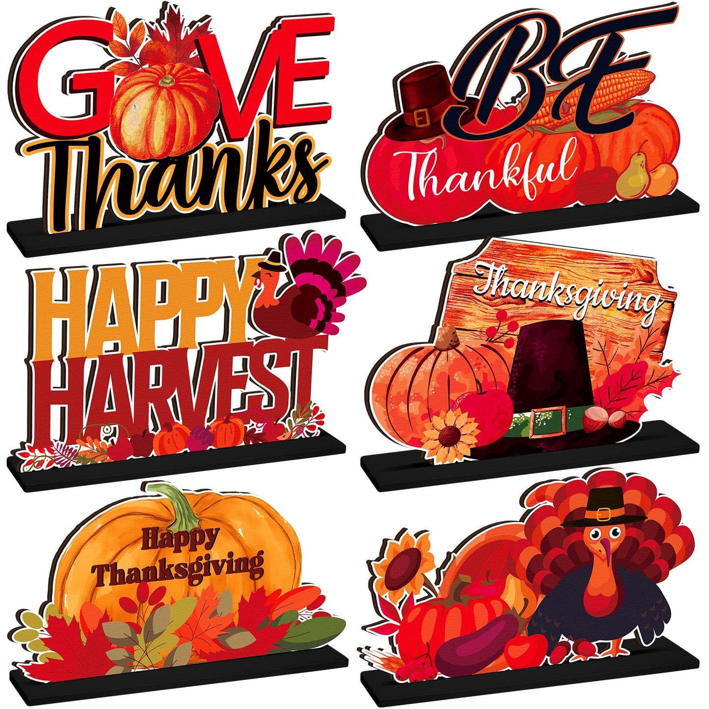 CroBlissful 6 Pcs Thanksgiving Wooden Table Decorations Happy Harvest Party Supplies Thanksgiving Turkey Pumpkin Table Centerpieces for Home Indoor Give Thanks Be Thankful Holiday Party Decor