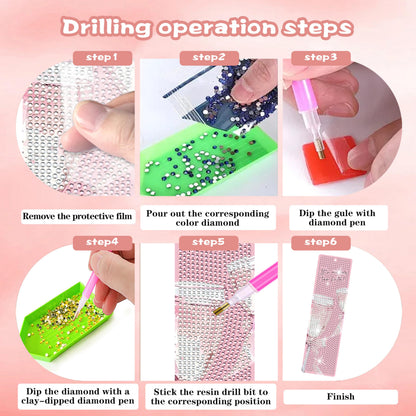 MUAECH 6 Pcs Diamond Art Bookmark Kit, Pink Bow Cute Theme 5D Diamond Painting Bookmarks with Tassels, Cute Rhinestone Craft Gift for Kids Adults Book Lovers, DIY Arts & Crafts for Beginners