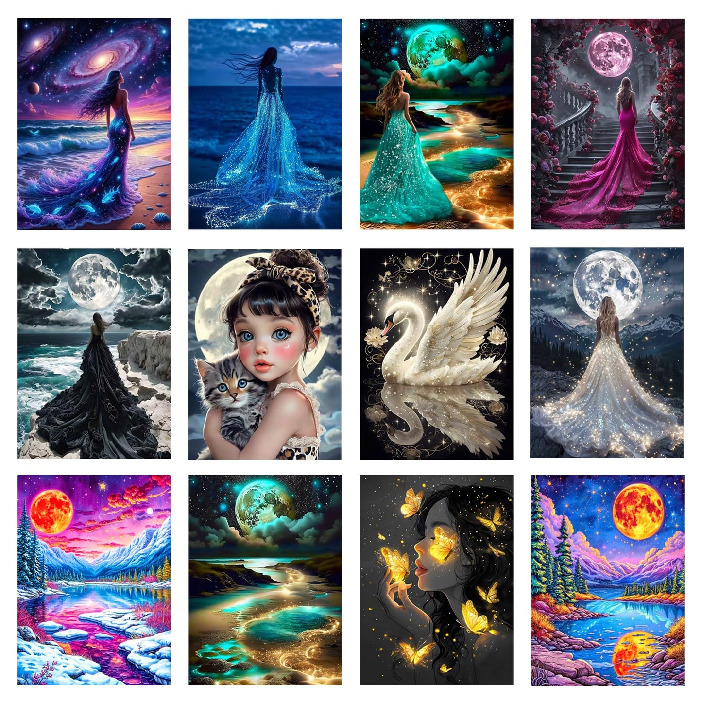 Zha Qiyong Diamond Art Painting Kits for Adults，Round Full Drill Diamond Dots Paintings for Beginners, 5D Diamonds Pictures Gem Art Painting DIY Crafts Kits 12x16inch（12 Pack）