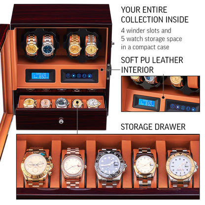 4 Watch Winder with 5 Watch Storage Space, LCD Display, Touch Control and Interior Light (Ebony + Brown)