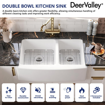 DeerValley Double Bowl White Kichen Sink 33 inch, Ceramic Apron Front Farmhouse Sink, Deep Drop-in Fireclay Undermount Large Sinks with Grid & Strainer