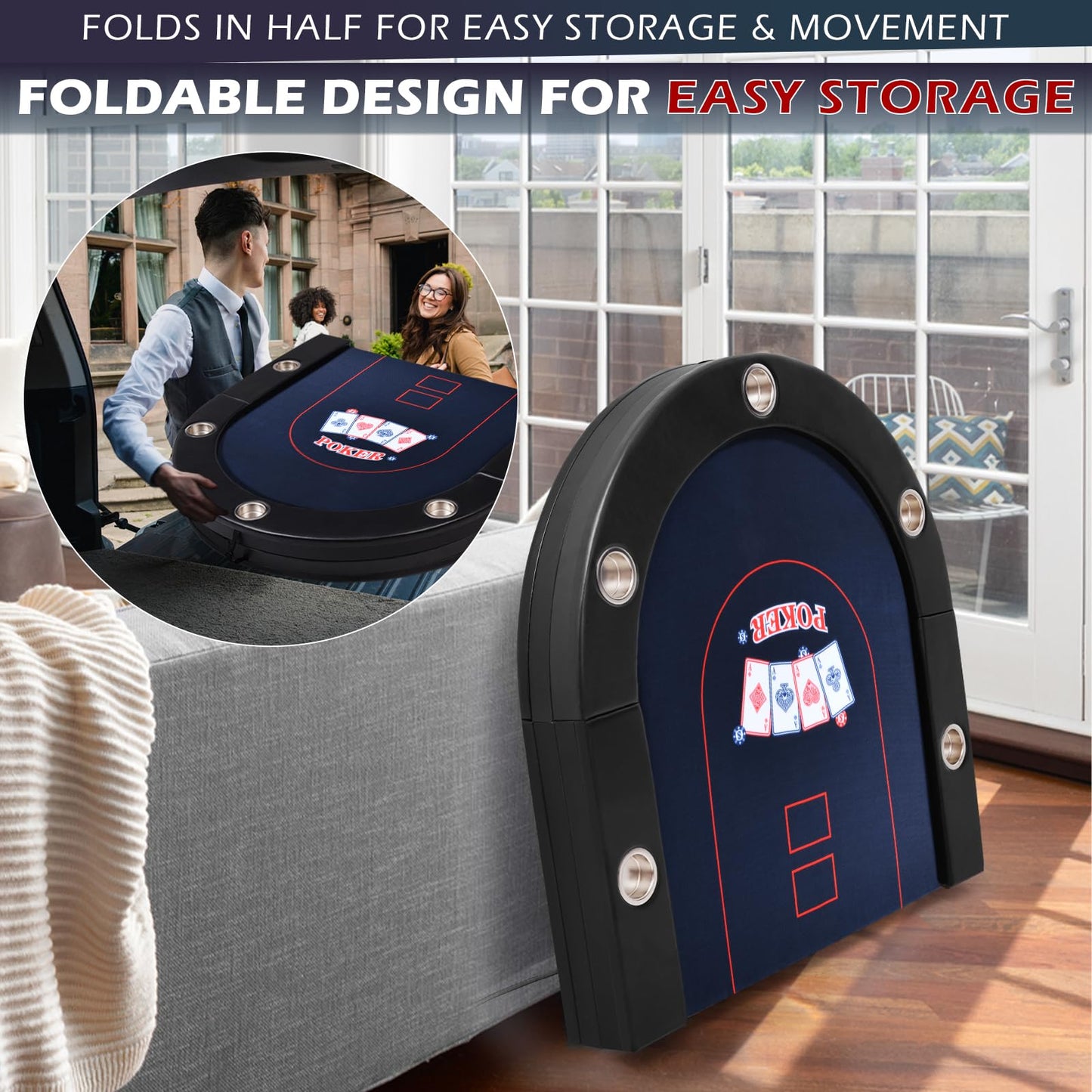 REAHOISY 72" Foldable Poker Table, 8 Player Folding Poker Tables with Casino Grade Felt, Padded Rails & Cup Holders, Portable Poker Table for Texas Holdem