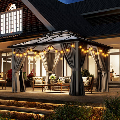 Aoxun 10'x12' Hardtop Gazebo, Aluminum Frame Permanent Pavilion with Curtains and Netting, Outdoor Polycarbonate Double Roof Canopy for Garden, Lawns, Patio
