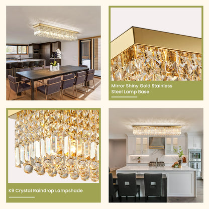 Siljoy 10-Light Modern Crystal Chandelier, Luxury Gold Rectangular Flush Mount Ceiling Light, Large Rectangle Raindrop Chandelier for Living Dining Room Kitchen Island Bar L47'' x W10'' x H10''