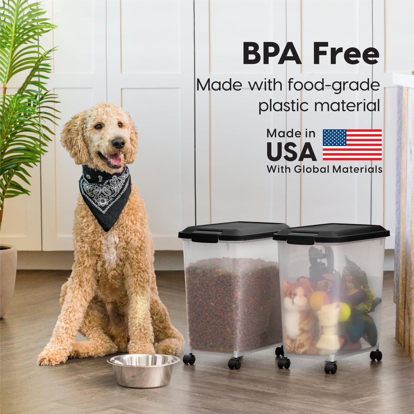 IRIS USA Dog Food Storage Container, 2 Pack, Up to 30 lbs Each, Airtight Seal for Freshness, Wheels for Rolling, Easy One Hand Opening, Made in USA, BPA Free, Clear/Black