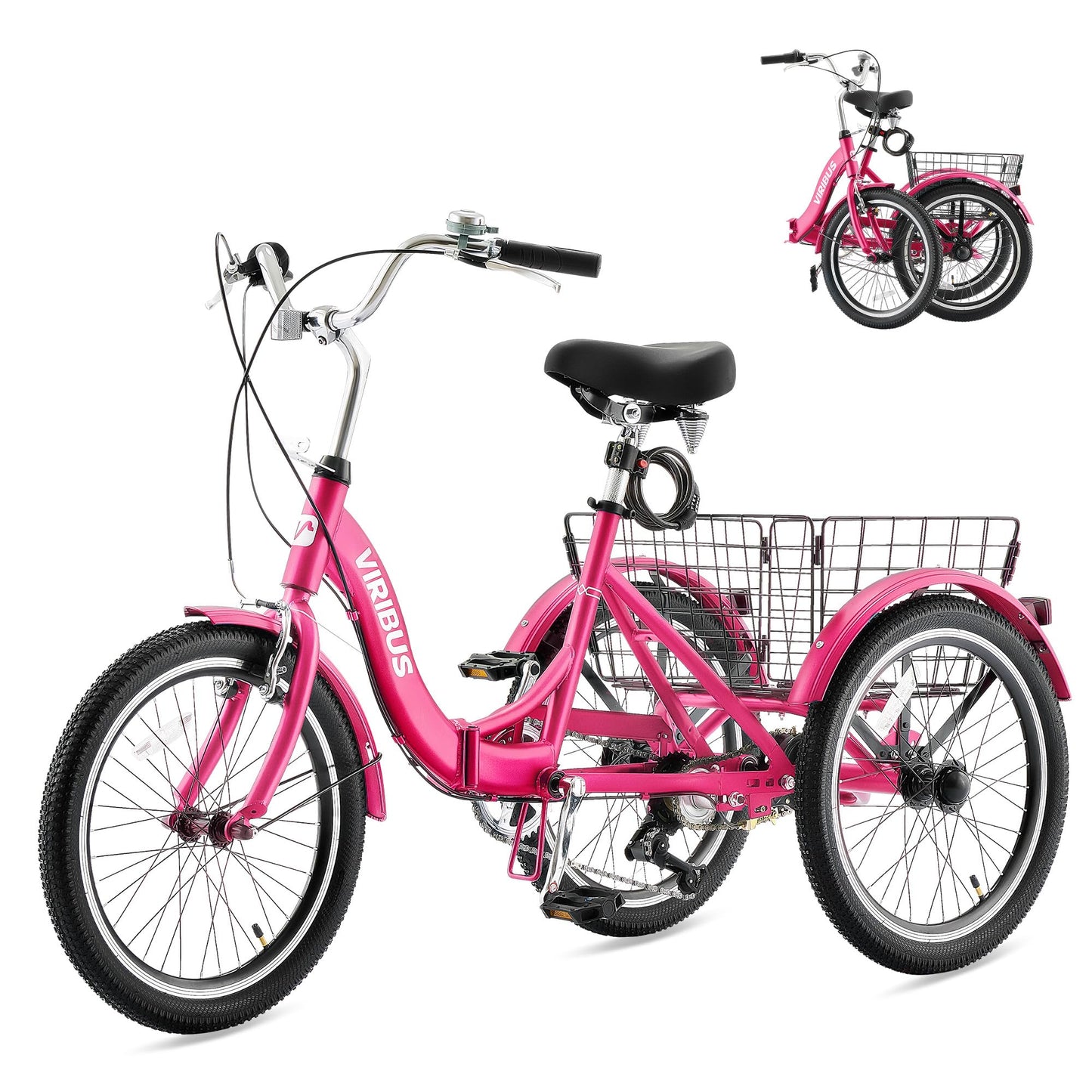 VIRIBUS Folding Tricycle for Adults, 7 Speed 20 Inch Mini Foldable 3 Wheel Bikes for Women Seniors with Dual Chain & Low Step-Through Frame, Collapsible Trike with Cargo Basket, 330 lbs, Hot Pink