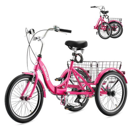 VIRIBUS Folding Tricycle for Adults, 7 Speed 20 Inch Mini Foldable 3 Wheel Bikes for Women Seniors with Dual Chain & Low Step-Through Frame, Collapsible Trike with Cargo Basket, 330 lbs, Hot Pink
