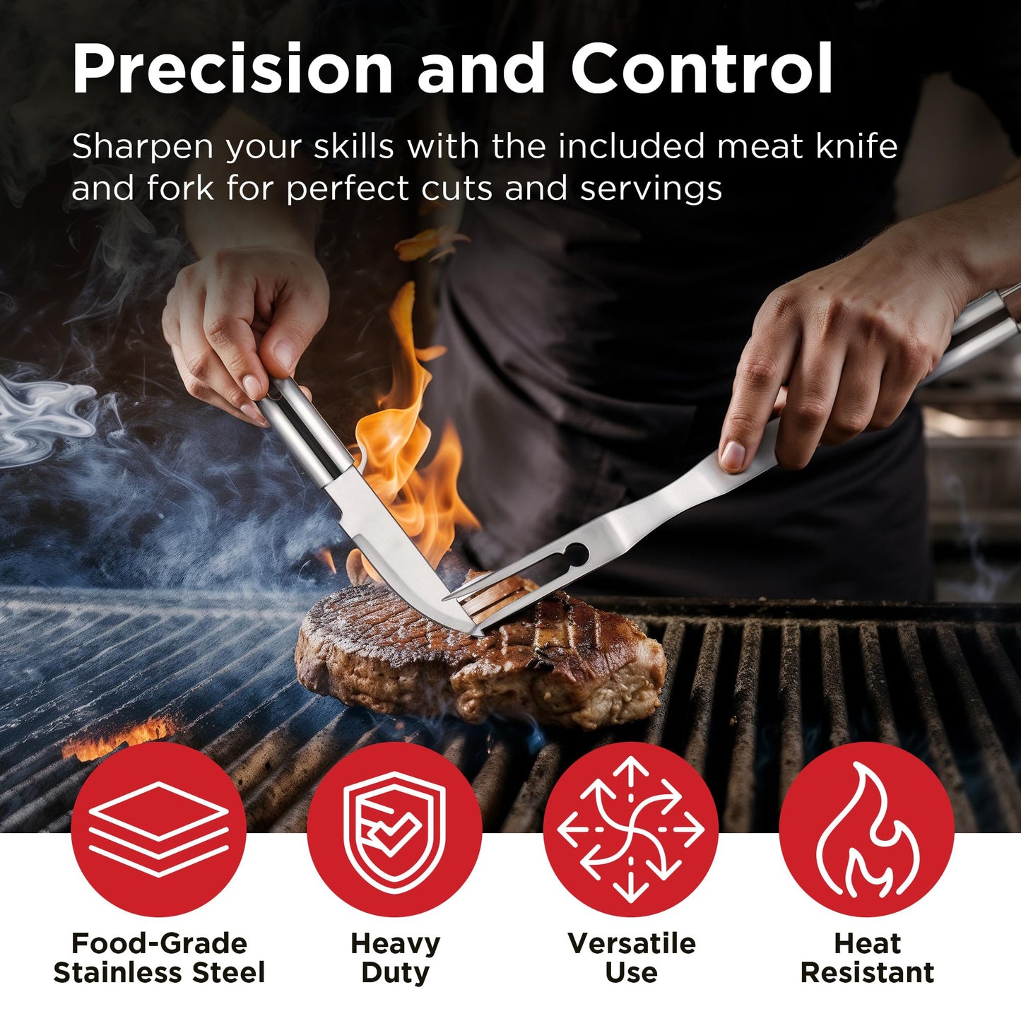 Kaluns Grilling Accessories, Dad Gifts for Fathers Day, Heavy Duty Stainless Steel Grill Set BBQ Grill Accessories for Outdoor Grill with Meat Thermometer, Case and Apron