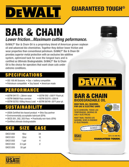 (32 oz 2)) DEWALT Biodegradable Bar & Chain Oil Green, Eco-Friendly, Non-Toxic Professional Bar & Chainsaw Lubricant
