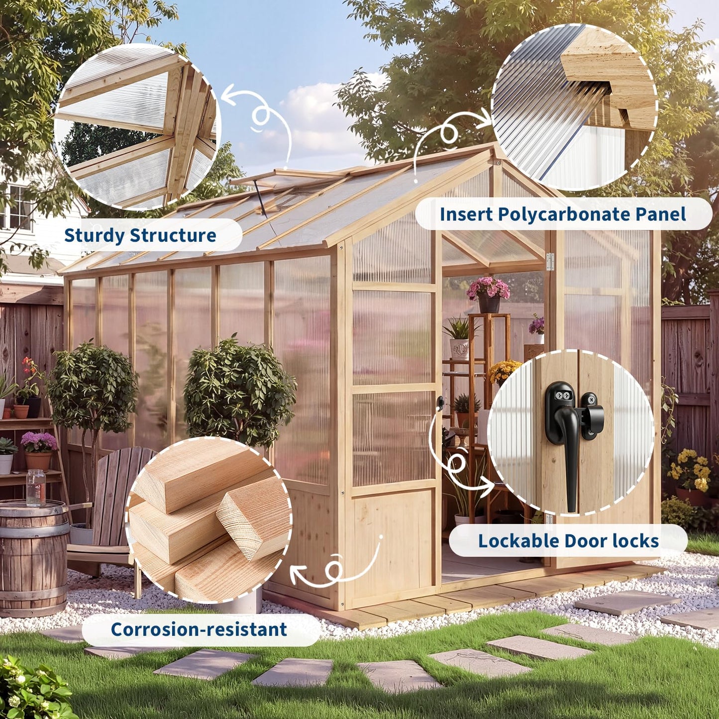 GarveeLife 6'x12' Wooden Greenhouse for Outdoor, Large Walk-in Greenhouse Kit with Ventilated Window, Door & Polycarbonate Panels, Heavy Duty Wood Frame Green House for Patio Garden Backyard