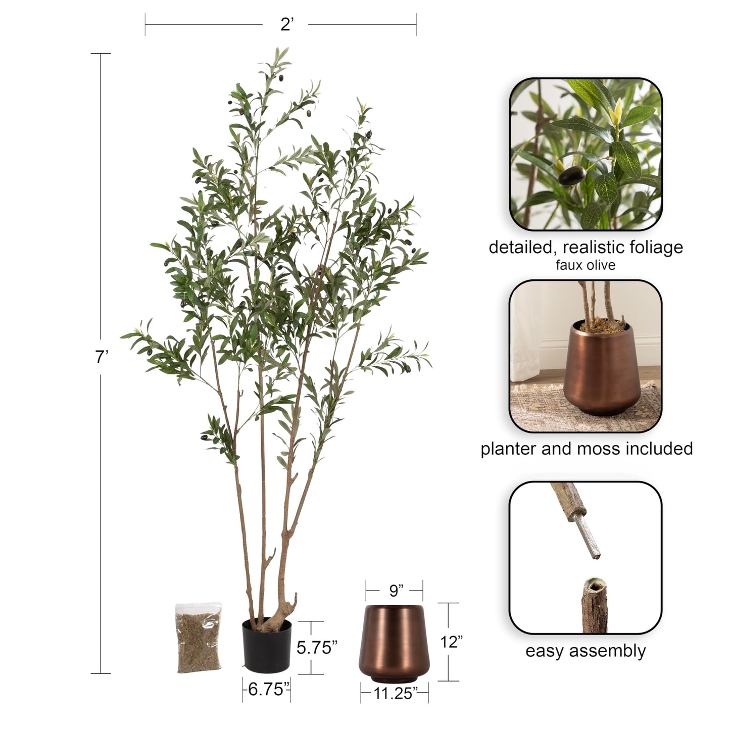 Kate and Laurel Oliveira Faux Olive Tree with Portell Metal Planter Pot, 7 FT, Bronze, Potted Artificial Olive Plant Tree with Realistic Foliage and Added Moss, Fake Plant Living Room Decor