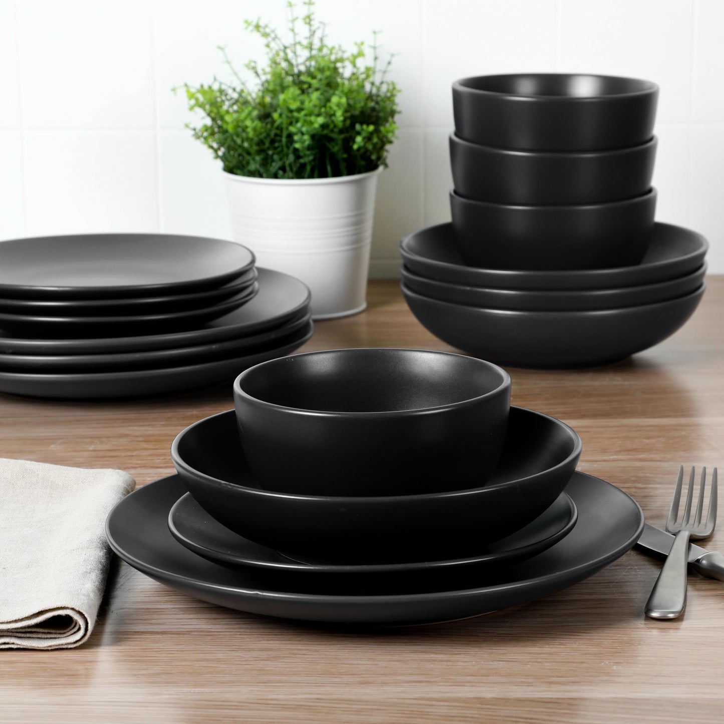 Gibson Home Queenslane 16 Piece Double Bowl Plates and Bowls Dinnerware Sets - Matte Blue