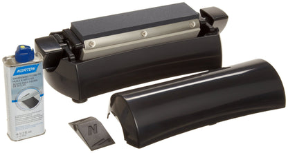 Norton IM200S Knife Sharpener, Oil Stone Sharpening Stone Kit with Medium/Extra Fine Grit, Stone Sharpener Holder and Knife Angle Guide