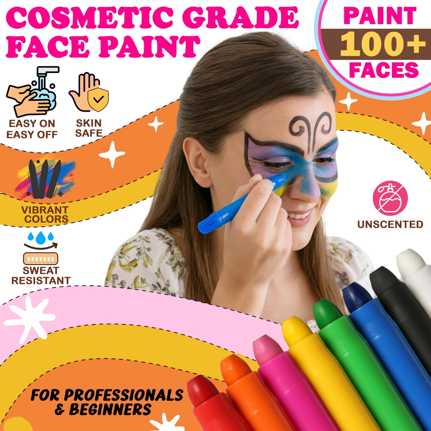 Jim&Gloria Face Paint Kit with Stencils, 12 Large Professional Face Painting Kit for Kids Party Makeup, Facepaint Washable Body Paint for Adults Skin Color Crayons, Girls Christmas Gifts, Crafts Toys