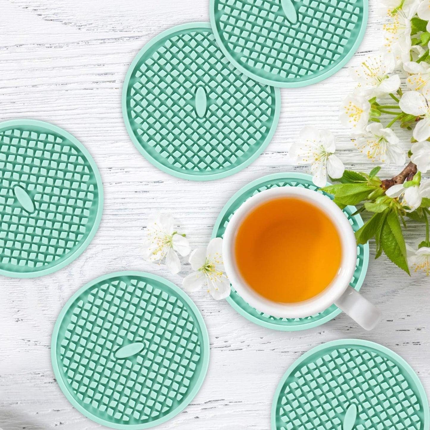 ME.FAN Thickened Silicone Coasters [6 Pack] with Holder - Non-Slip Cup Mat, Prevents Furniture Damage (Peppermint Green)