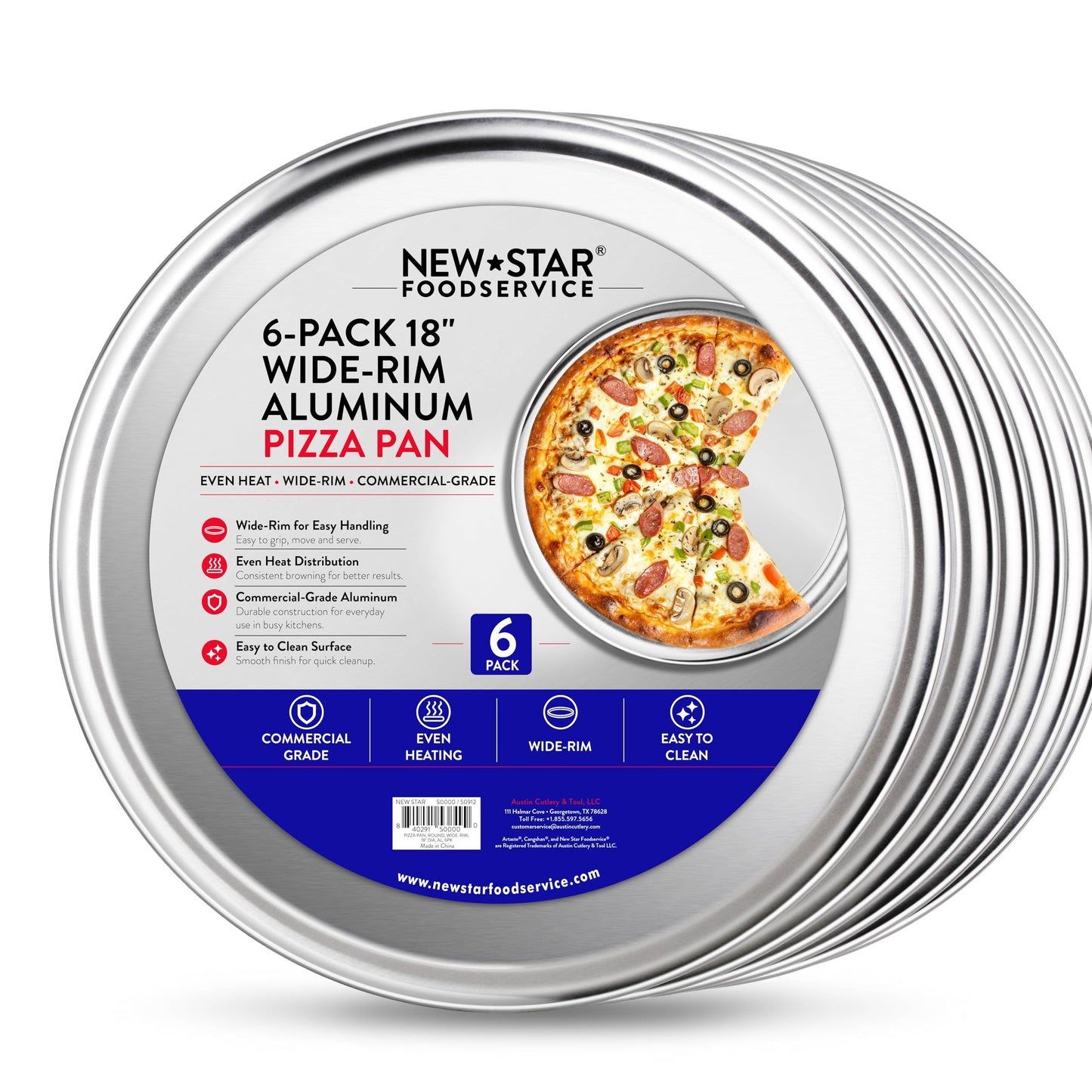 New Star Foodservice Restaurant-Grade Aluminum Pizza Pan/Tray, Wide Rim, 18 Inch, Pack of 6