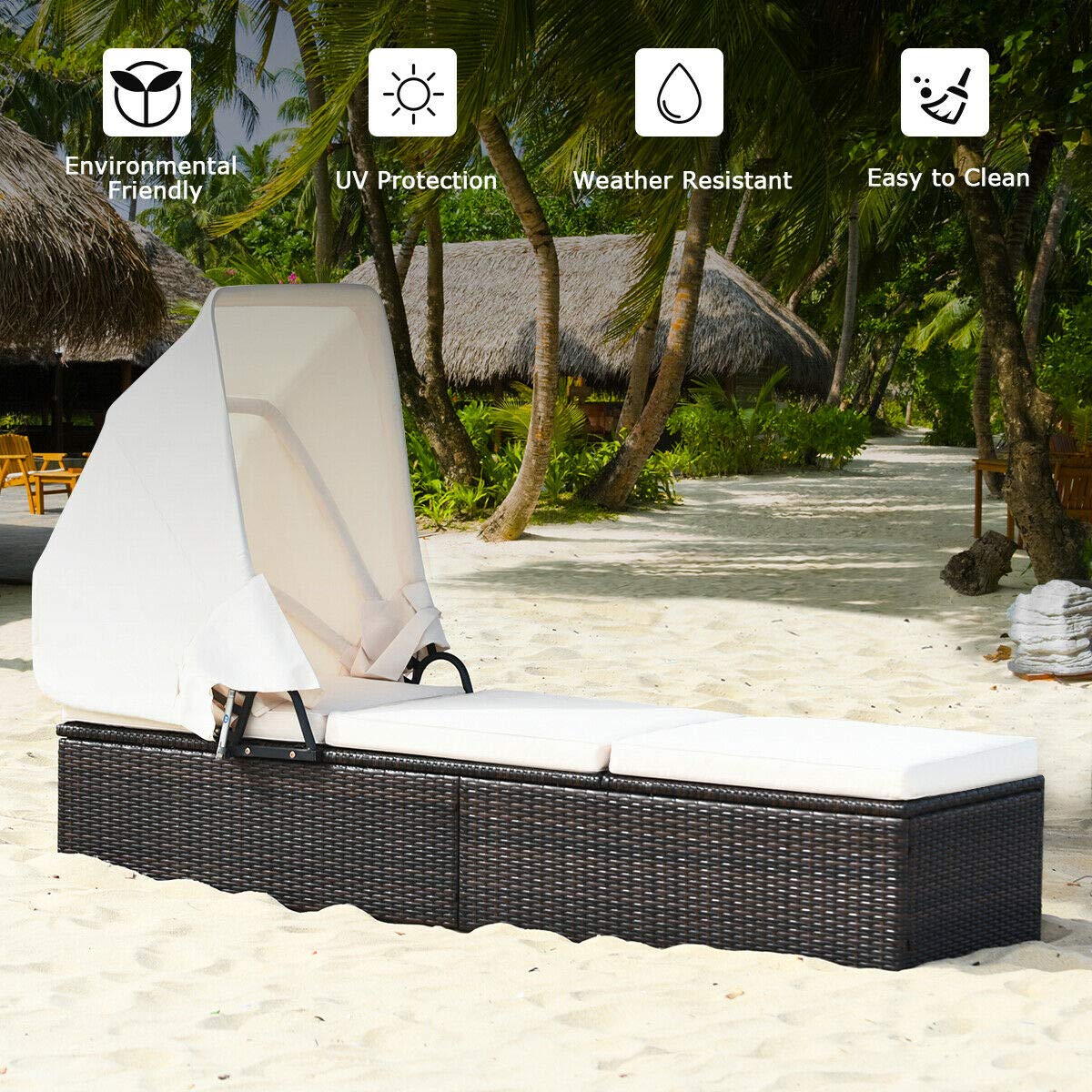 Tangkula Outdoor Chaise Lounge Chair with Folding Canopy, Adjustable Cushioned Reclining Chair with Flip-up Tea Table, Rattan Sun Lounger for Beach Poolside Backyard Balcony Porch (2)