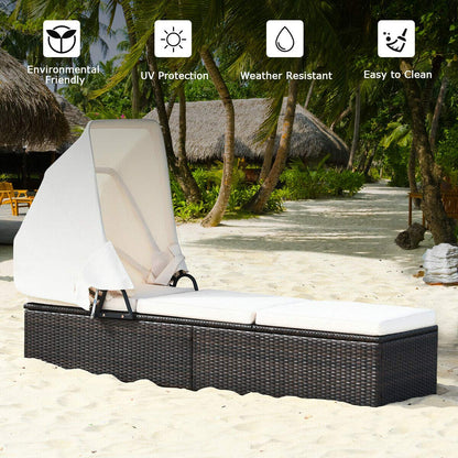 Tangkula Outdoor Chaise Lounge Chair with Folding Canopy, Adjustable Cushioned Reclining Chair with Flip-up Tea Table, Rattan Sun Lounger for Beach Poolside Backyard Balcony Porch (2)