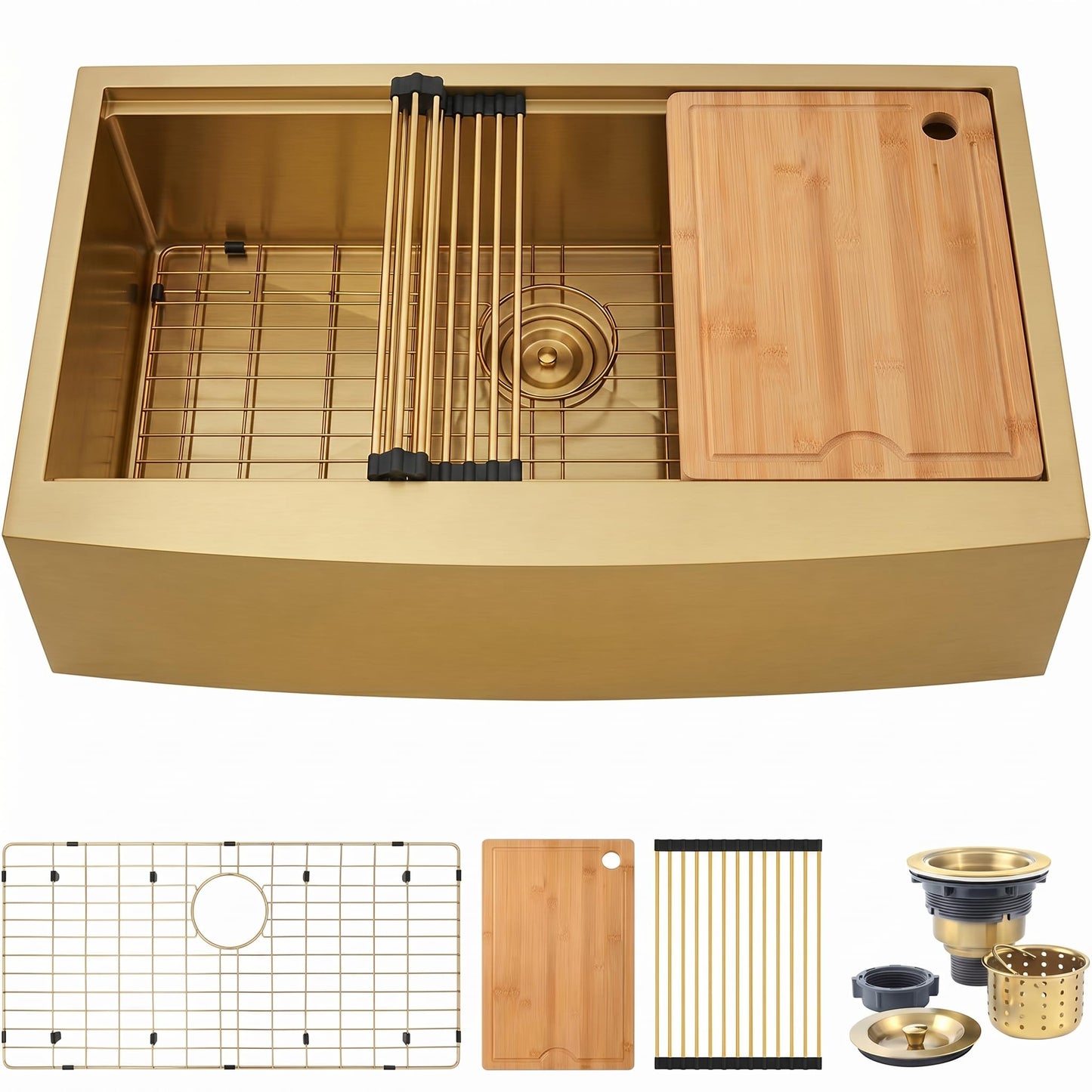 Kitsitchen Gold Farmhouse Kitchen Sink,16 Gauge 304S Stainless Steel Farm Sinks, 33"x20"x10" Large and Deep Apron Front Single Bowl Workstation Sinks with Accessories