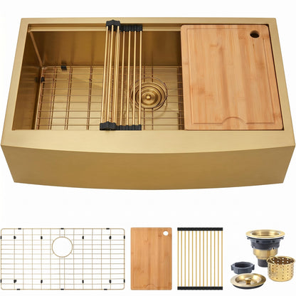 Kitsitchen Gold Farmhouse Kitchen Sink,16 Gauge 304S Stainless Steel Farm Sinks, 33"x20"x10" Large and Deep Apron Front Single Bowl Workstation Sinks with Accessories