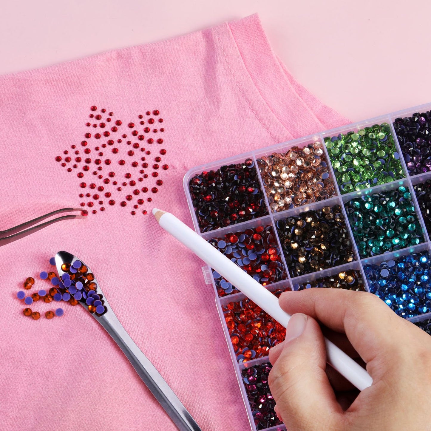 BEADSLAND Hotfix Rhinestones Mixed 24 Colors, SS16 Rhinestones for Crafts Clothes, Hotfix Crystals with 1 Tweezers, 1 Wax Pencil and 1 Spoon