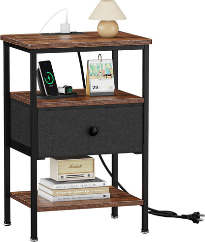 VECELO Nightstand with Charging Station,Bedside Table with Storage Shelf&Fabric Drawer,End Tables for Bedroom,Living