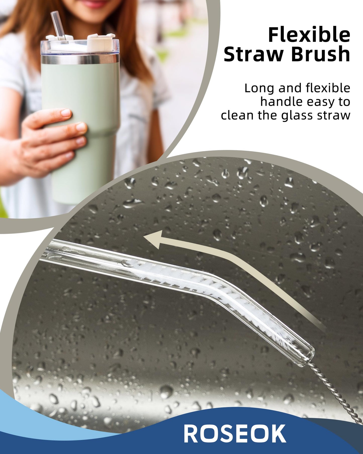 ROSEOK 2 in 1 Long Handle Bottle Brush with Straw Brush for Cleaning Glass, Sports Bottle, Coffee Mug, Black, 1 Pack