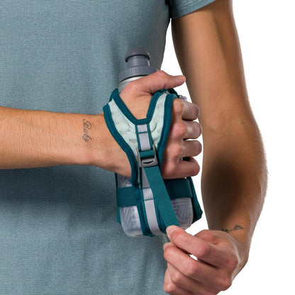 Nathan SpeedDraw 2 Insulated Handheld Running Water Bottle Flask – Double-Wall Insulation, Ergonomic Grip, Blast Valve Cap, Phone & Key Storage Pockets, Reflective Design, 12oz Insulated - Deep Teal
